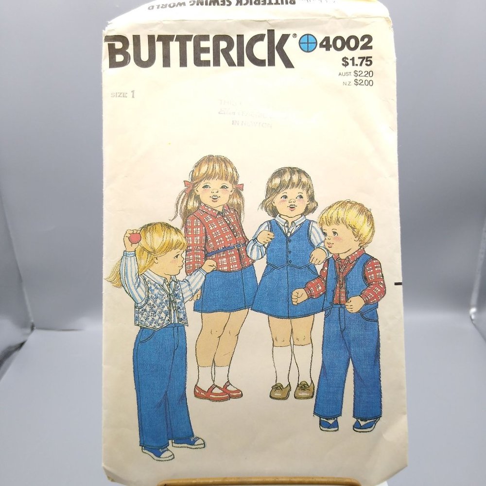 Vintage Sewing PATTERN Butterick 4002, Toddlers 1980s Vest Shirt Skirt and Pants
